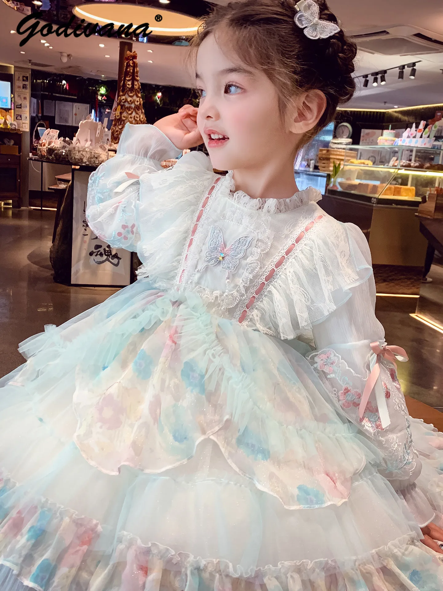 Sweet Baby Girls Spring 2026 New Lolita Princess Dress Kids Korean Fashion Long Sleeve Lace Butterfly Mesh Ruffle Trim Tutu Gown