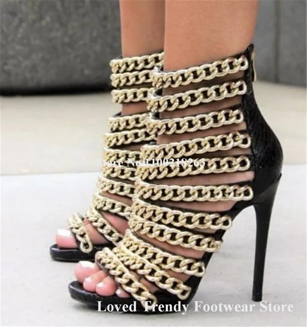 

Fashion Style Gold Chains Straps Cross Stiletto Heel Short Gladiator Boots Open Toe Cut-out Thin Heek Ankle Booties Dress Sandal