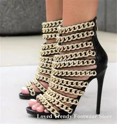 Fashion Style Gold Chains Straps Cross Stiletto Heel Short Gladiator Boots Open Toe Cut-out Thin Heek Ankle Booties Dress Sandal