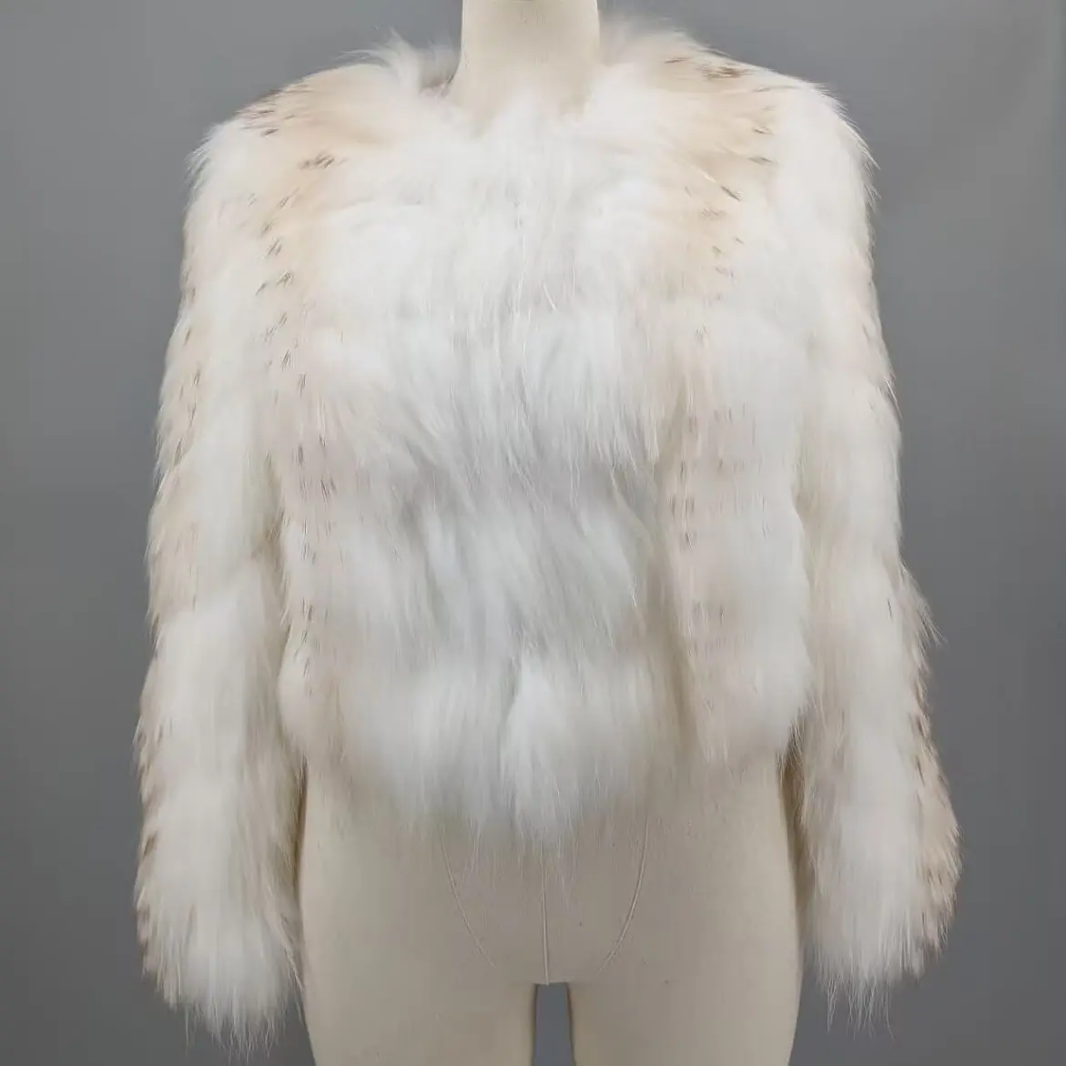 Women Off White Real Stitched Striped Fox Fur Short Coat Round Collar Lightweight Thin Winter Fur Outerwear For Mild Climate1138 view 3