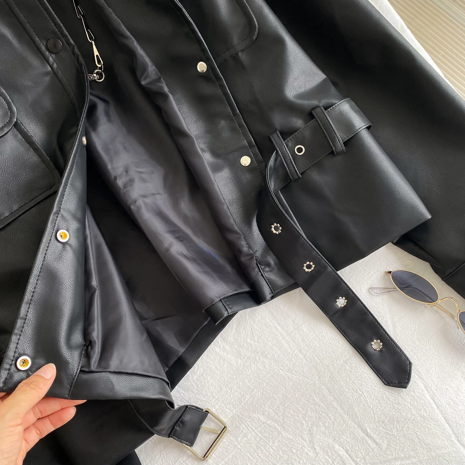 Outono inverno jaqueta de couro feminina moda único breasted turn down collar casacos finos textura macio plutônio versátil outerwear