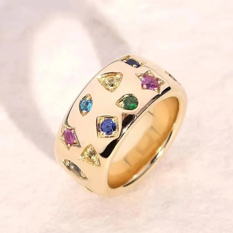 European and American Fashion Personality Double Row Color Zircon Geometric Gold Ring for Women 678 Size Versatile Jewelry Gift