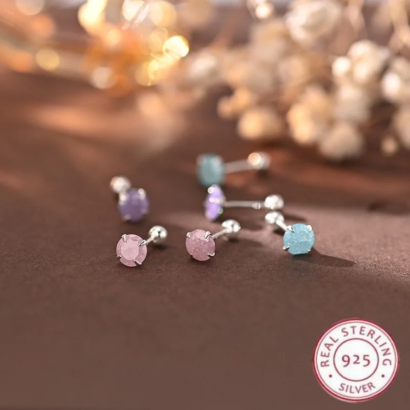 

Real 925 Sterling Silver Stud Earrings For Women Luxury Round Zircon Screw Bead Fashion Body Piercing Jewelry Accessories Gifts