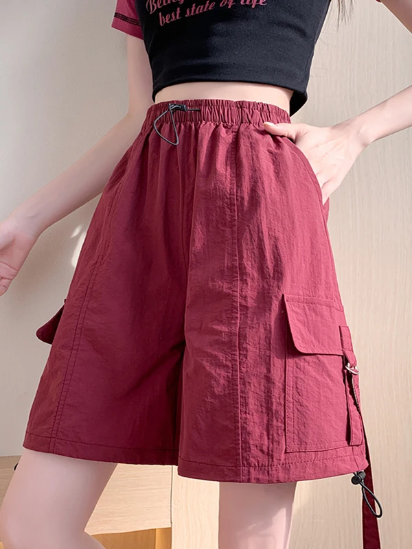 Red American Workwear ort Pants Women Summer Thin High Waist Casual Wide Leg Qui Dry Sports Five-Quarter Length Trousers