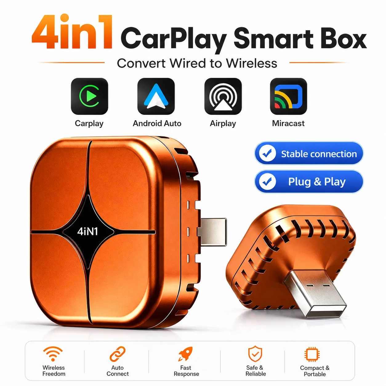 2026 CarRocke 4in1 New E CarPlay Adapter Wireless Android Auto Mirror Link Smart MiNi AI Box USB Plug and Play Auto Connect WiFi