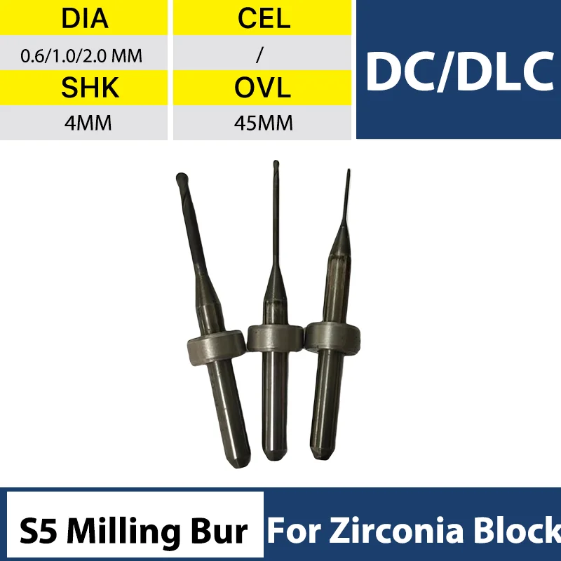 XANGTECH S5 Milling Bur Zirconium Milling Bur Diamond Coating DC/DLC 0.6/1.0/2.0mm for Zirconia Dental Blocks