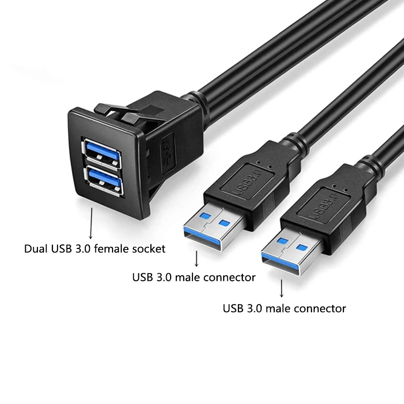 Dual Port USB Socket Extend Cabe USB3.0 Auto Car Flush Mount Extension Cord Dashboard Panel Square USB Cable For Car Motorcycle