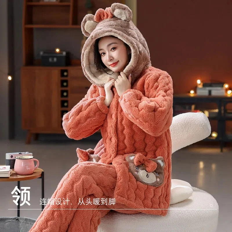 Plush Pajamas Women Winter Warm Suits Coral Fleece Three-Layer Quilted Mothers Thickened Flannel Warm Jacket Hooded Home Service