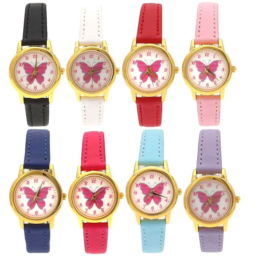 8Pcs Kids Analog Quartz Wristwatch with Beautiful Butterfly Gifts Leather Band Cartoon Design Elegant Alloy Face for Children