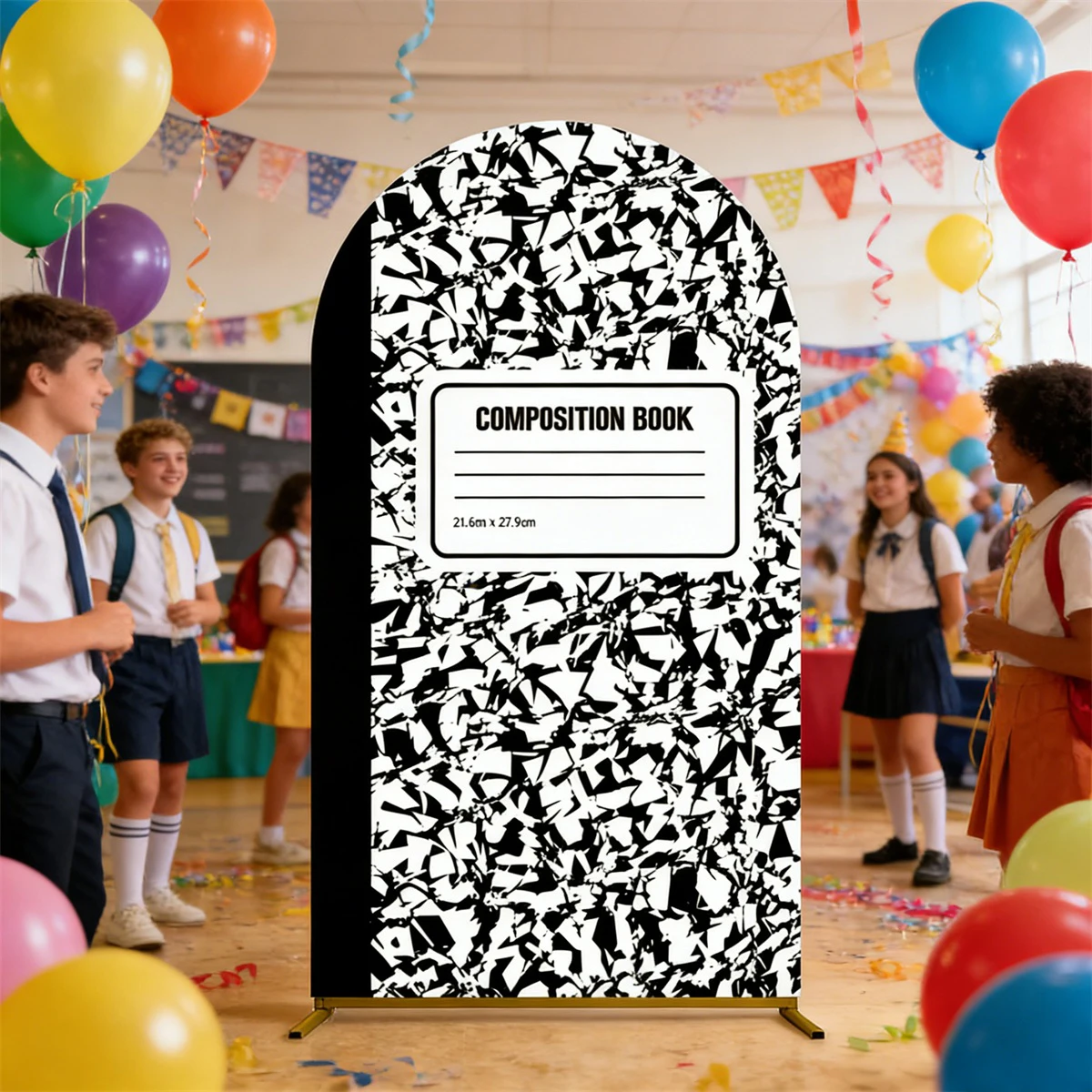 Black Composition Book Arch Cover Background for Back to School Graduation Party Notebook Paper Decor Elastic Arched Backdrop