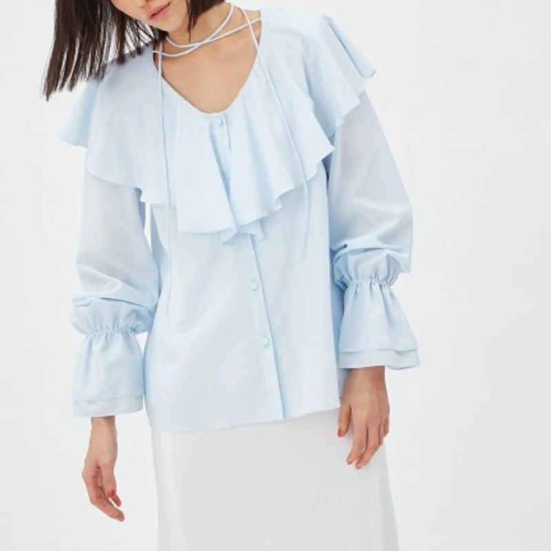 Sweet Chic Flare Long Sleeve Shirts Blouses New Elegant Ruffled Collar Blusas Mujer Moda Shirt Tops 2024 Spring Clothes Women