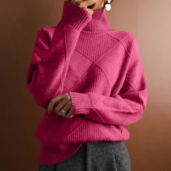 Women Turtleneck Sweaters Full Sleeve Pullovers Spliced Thick Sweater Lozenge Elegant Lady Solid Outwear Warm Winter 2024