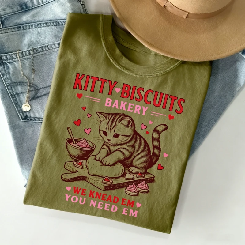 Valentines Kitty Biscuits Bakery T-Shirt Funny Vday Cat Lover Tee Cute Kitten Baking Cookies Love Printed T-shirt Top Girlfriend
