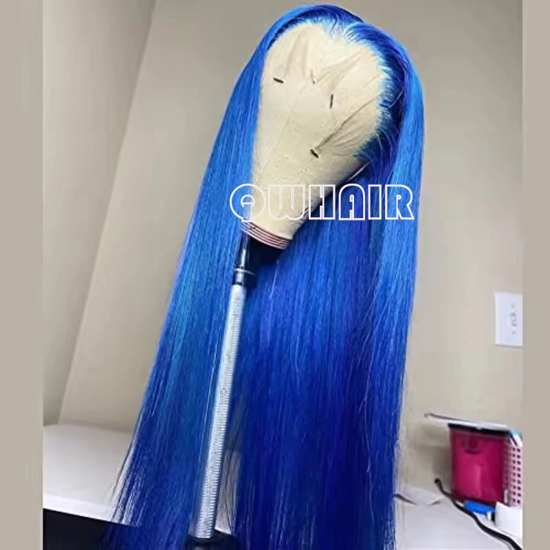 QW Synthetic Hair Sky Blue Color  Straight 13X4 Soft  Lace Front Wig For Women Hair Heat Resistant Fiber Cosplay  Daily