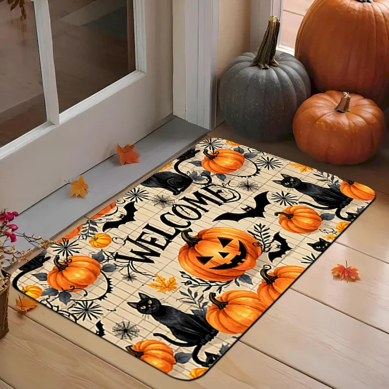 VIKAMA Halloween Welcome Pumpkin Black Cat Door Mat Anti Slip Waterproof Floor Mat Bat Maple Leaf Floor Mat Home Decoration