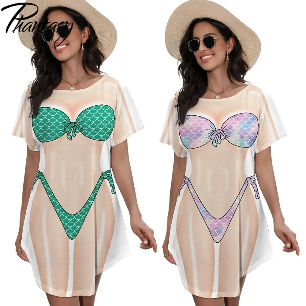 Phantasy Summer Mermaid Bikini Body Print Cover Up Dress Loose Casual T-Shirt Women's Bikini Printed Beach T-Shirt Dress