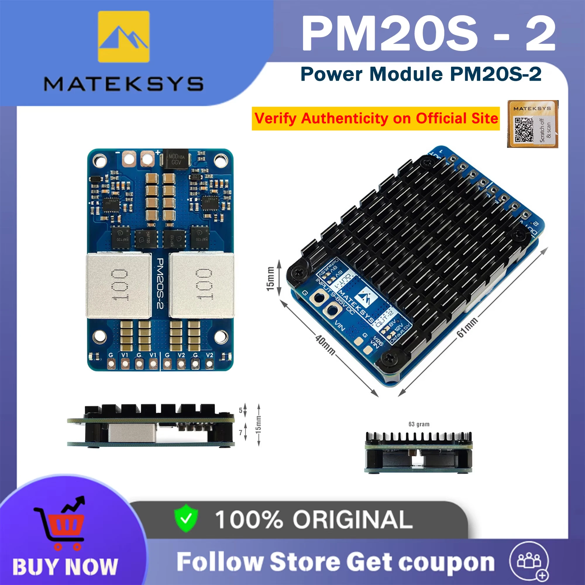 Matek MATEKSYS PM20S-2 POWER MODULE 9-85V DC IN 4-20S 85V TVS Protection /2x Independent Step-Down Voltage Regulators For RC FPV