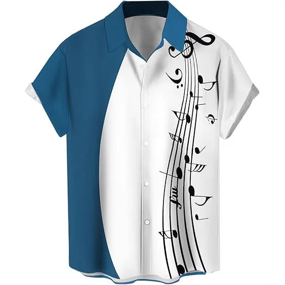 Creative and Unique Guitar Note 3D Printed Short-sleeved Men's Shirt, Summer Style, Loose Fit, Everyday Beach Vacation Top.