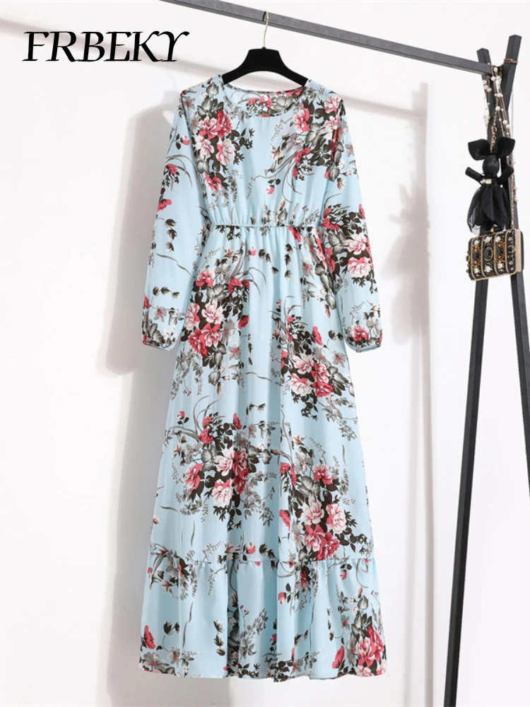 Nowe sukienki wiosna lato okrągły dekolt sukienka kwiatowa elegancki nadruk wysoki stan sukienki plażowe z długim rękawem Vestdos Streetwear
