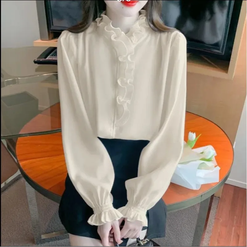 2024 spring autumn New Women\'s Solid Color Chic Slim Blouses Fashion Spliced Ruffled Neck Shirring Long sleeved Chiffon Shirts