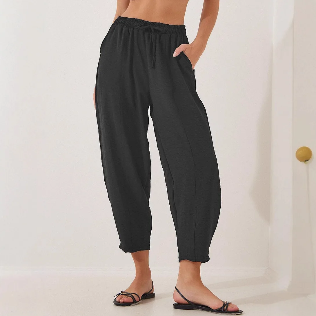 Women's 2025 Spring and Summer High Waist Loose Holiday Casual Drawstring Pocket Cropped Bloomers Streetwear Women