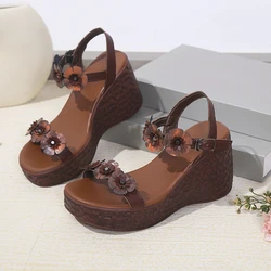 Summer New Platform Women's Shoes National Style Retro Flower Open Toe Hollow Women's Sandals