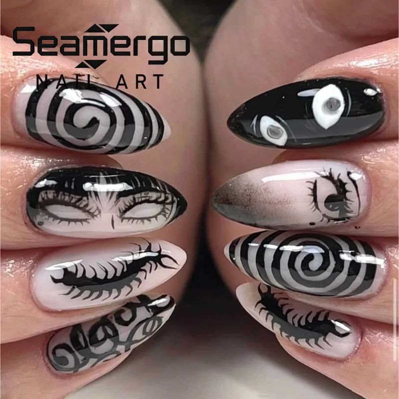 24PCS Dark Black Anime Nails Gothic Spiral Evil Eye Centipede Design Almond Press on Nails Horror Comic Gyaru Fake Nails Fashion