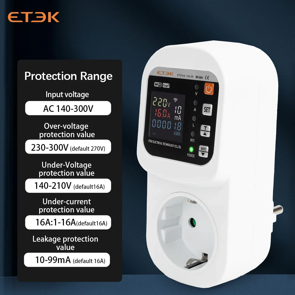 ETEK Adjustable Voltage Current Leakage Protector EU Type TUYA WlFl control Automatic Refrigerator Smart Protect Protector ETSVA