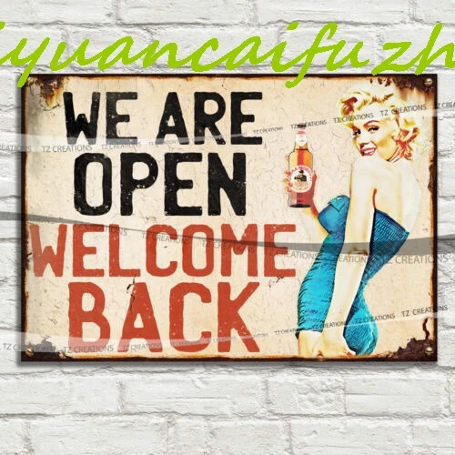 SJKY We Are Open Welcome Back Sign Metal Tin Signs / Paper Tiki Bar Pub man cave