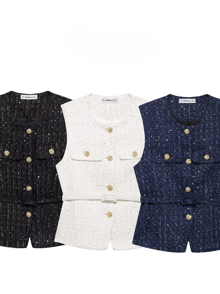 

Новинка 2023 года, женский повседневный твидовый жилет, модный жилет без рукавов с поясом и круглым вырезом, женская верхняя одежда, шикарные топы