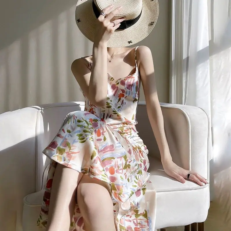 

French Style High Quality Cotton Print Suspender Dress 2024 Summer Women V Neck Sexy Sleeveless High Waist Long Dress X1083