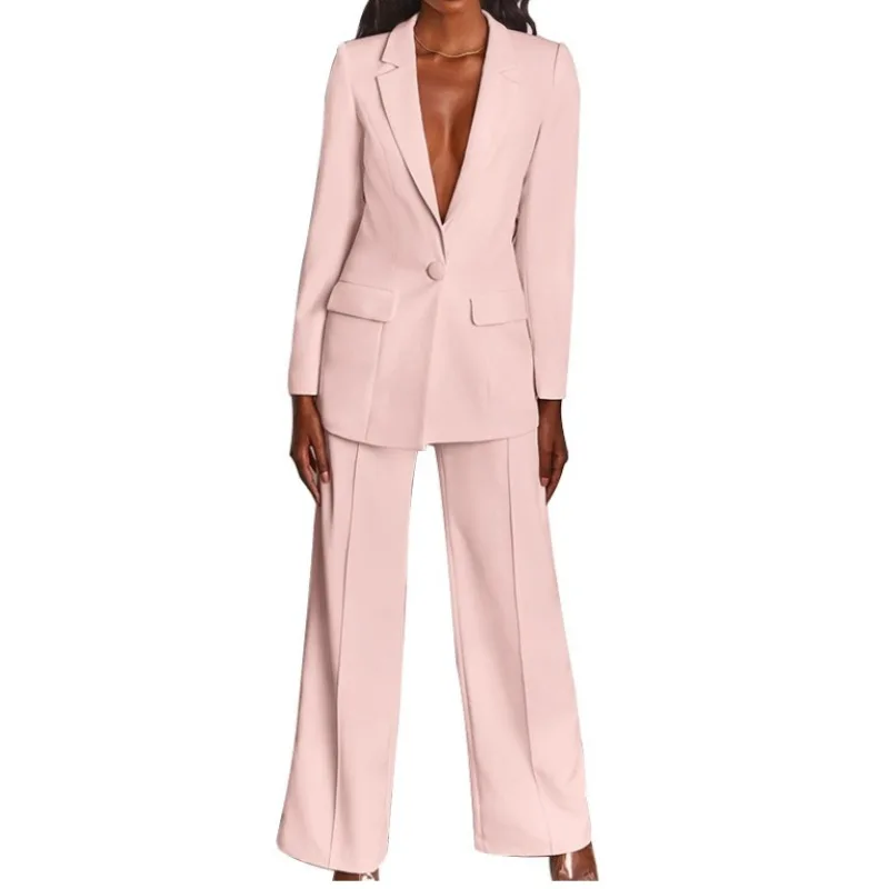 European American Women's Clothing  Autumn New Cross-border Fashion Pure Color Jacket Commuting Loose Trousers Professional Set