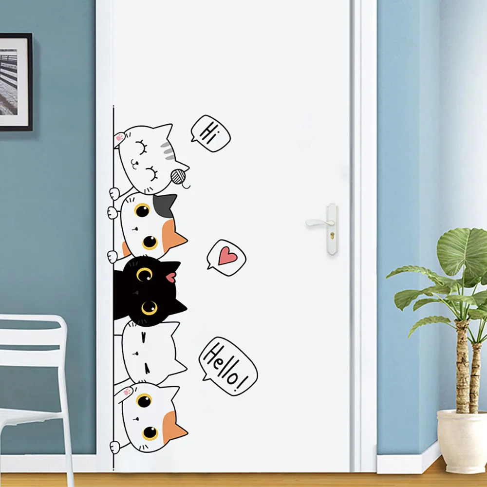 Cute Peeking Cats Door Wall Stickers, Set of 5 Cartoon Kittens with 