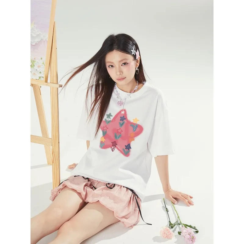 New Korean Sweet Star 3D Printed Short Sleeve T-shirt for Women's Summer Casual Versatile Quick Drying Top Trendy
