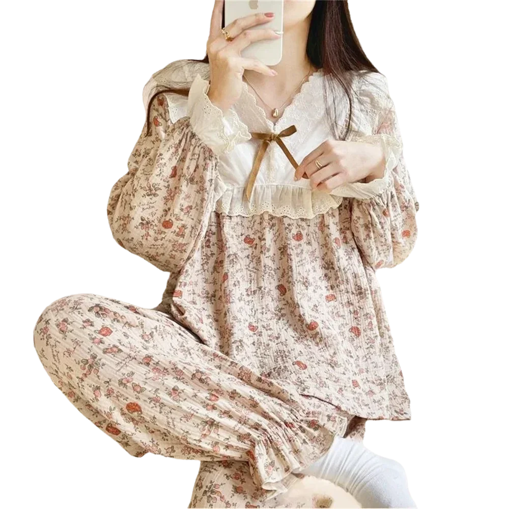 Women's Pajama Set Sweet Princess Bow Flower Lace Print Comfort Casual Home Pajamas