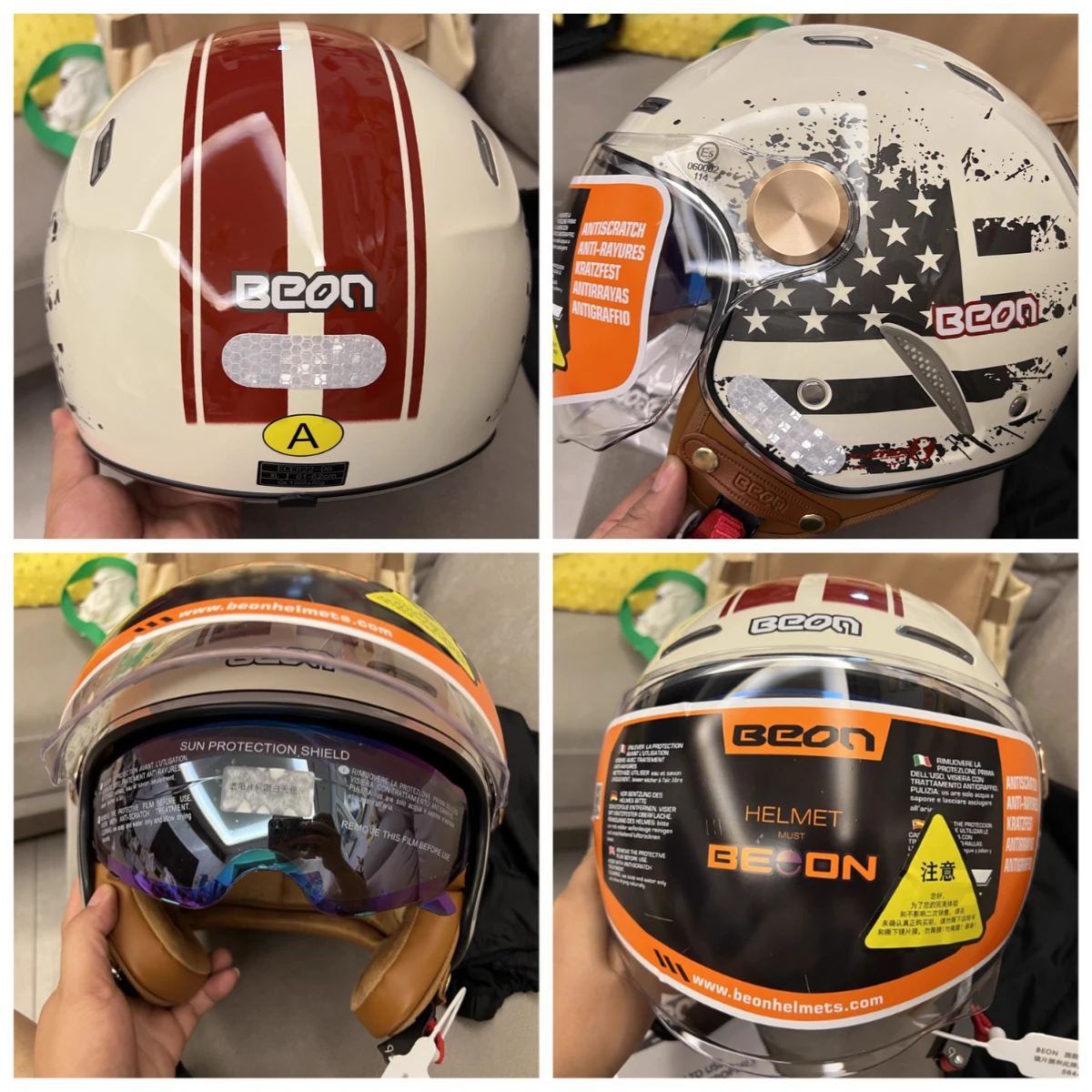 BEON Retro Motorcycle Helmet Half Capacete Open Face Double Lens Casco Electric Motobike DOT ECE Casque Scooter Sunscreen