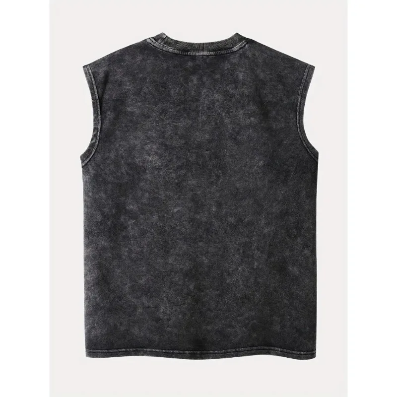 Retro washed sleeveless vest with gesture print - loose street style printed top, eye-catching font, worn-out appearance