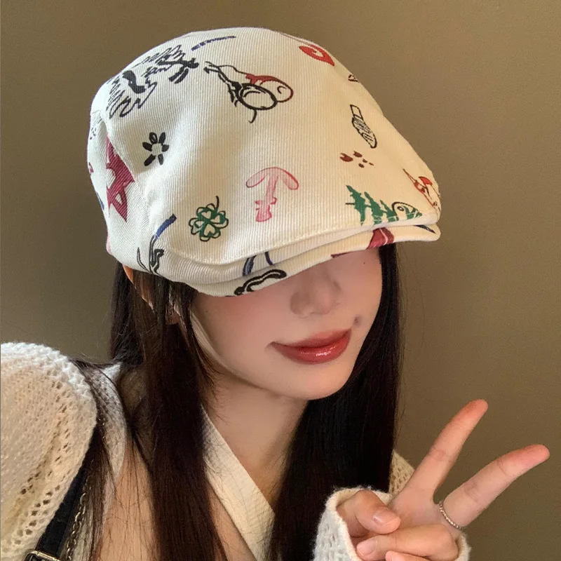 

Korean Style Graffiti Print Beret Adjustable Big Head Circumference Painter Hat with Face Slimming Effect for Spring Summer