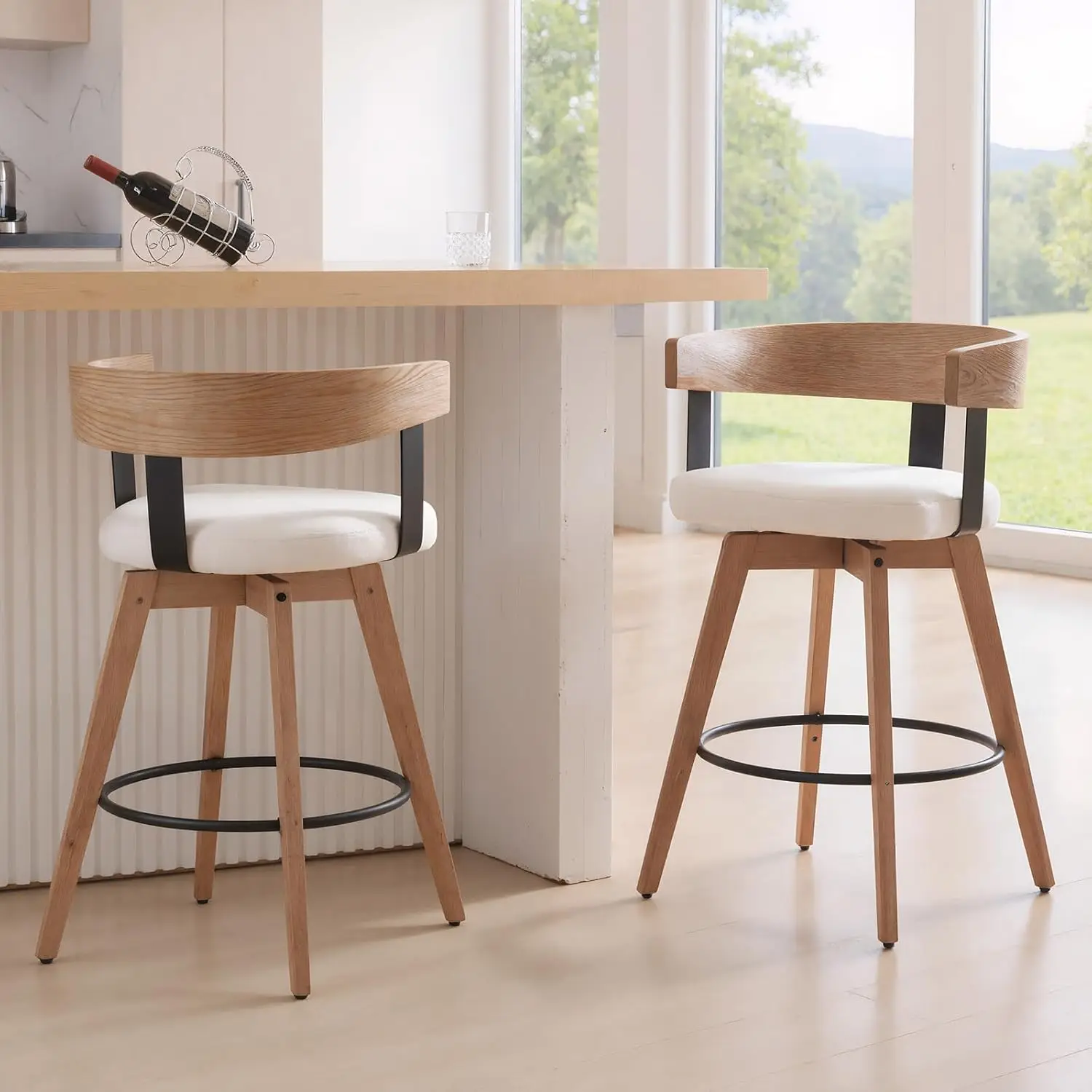 

26" Counter Height Bar Stool with Footrest Modern Wood Barstools with Linen Upholstered Seat Counter Stools, White