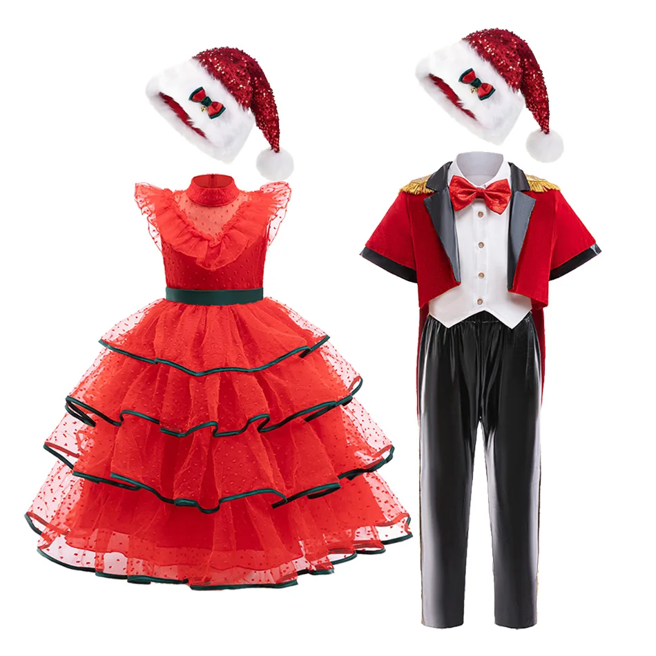 3-Piece Kids Christmas Performance Suit Girls Red Christmas Princess Dress with Puffy Sleeves Formal Wear for Xmas Halloween