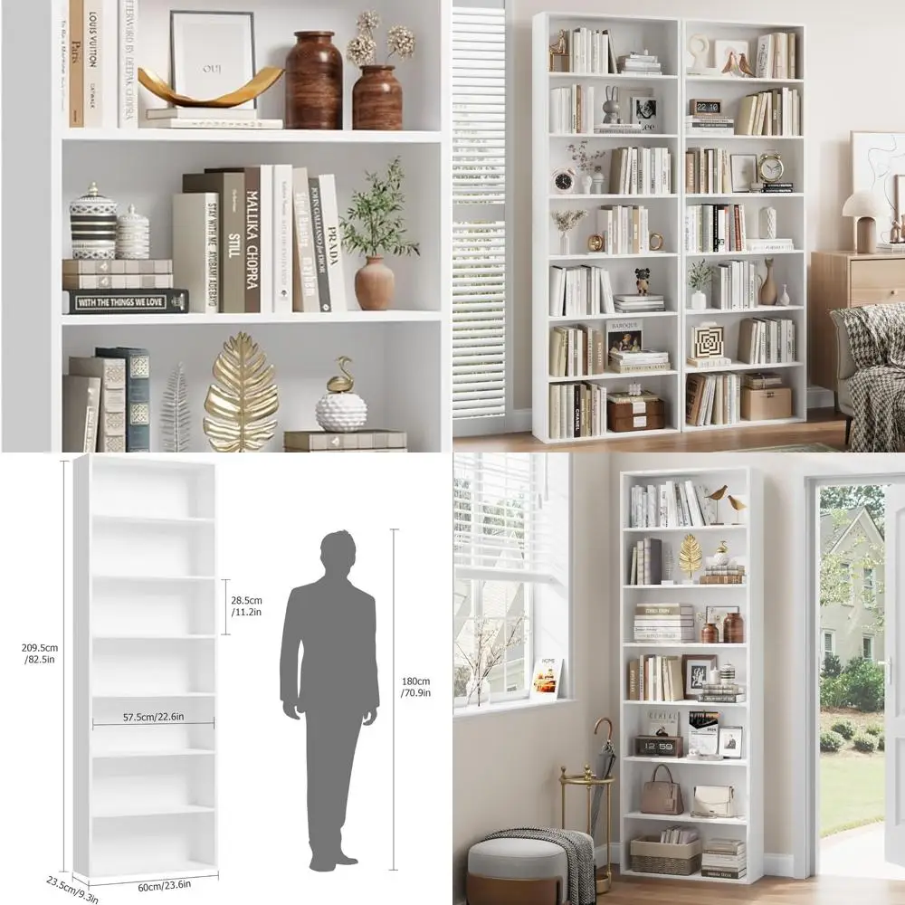 

7-Tier Tall Bookshelf, 82 White Open Shelving Unit, Home Office & Living Room Storage Furniture