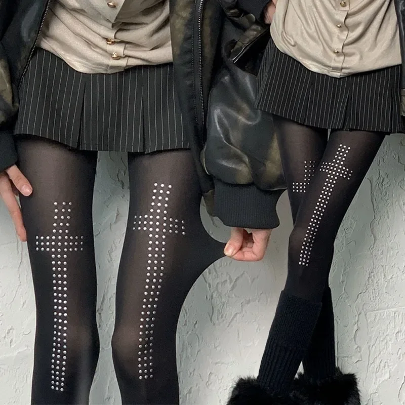 جديد القوطي لوليتا تأثيري JK الفتيات الجوارب النساء مثير الرجعية القوطية Kawaii الصليب حجر الراين جوارب جوارب النايلون جوارب طويلة #4
