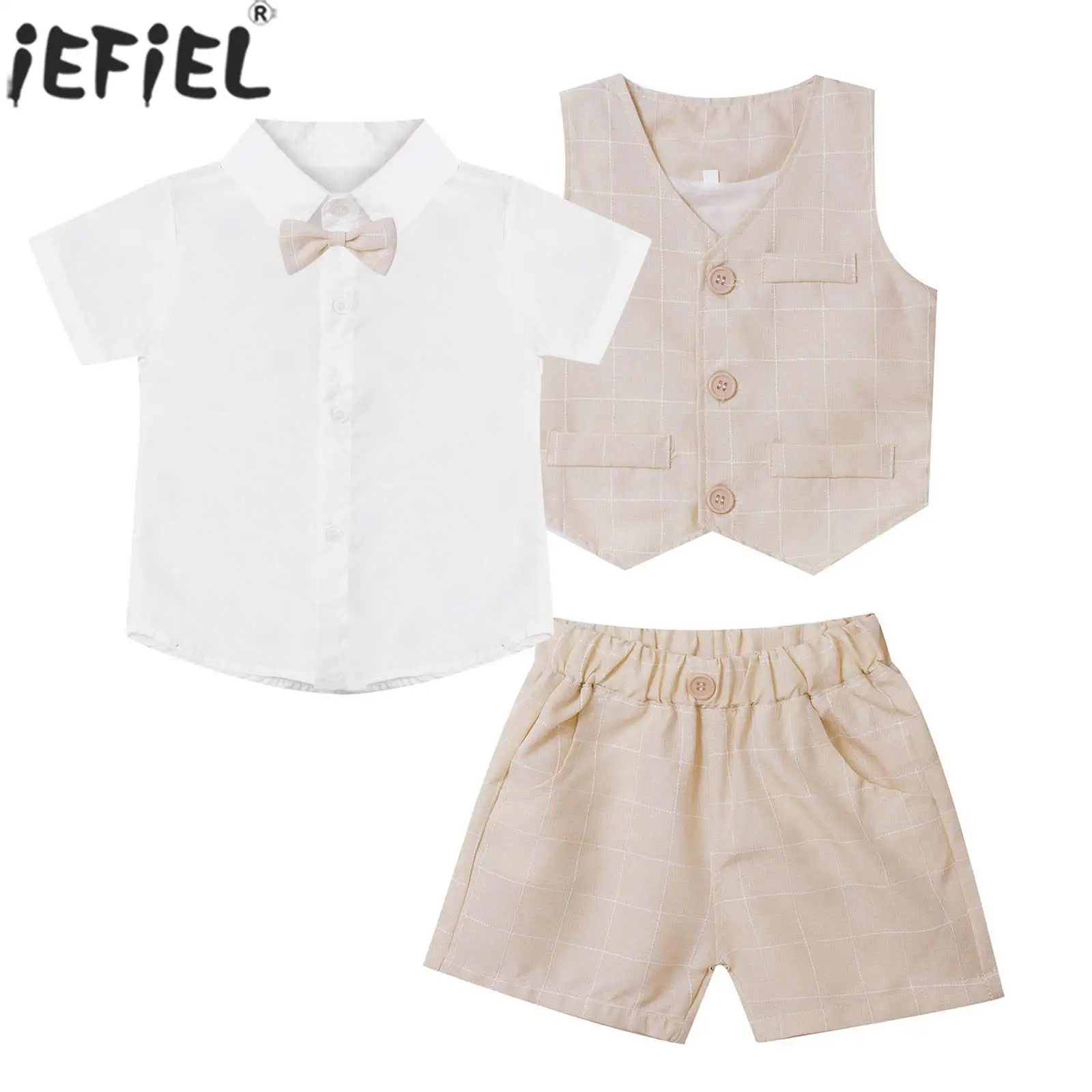 

Little Boys Preppy Style Gentleman Suits 3Pcs Set Short Sleeve Lapel Bow Shirt Vest Shorts for Wedding Birthday Party Baptism