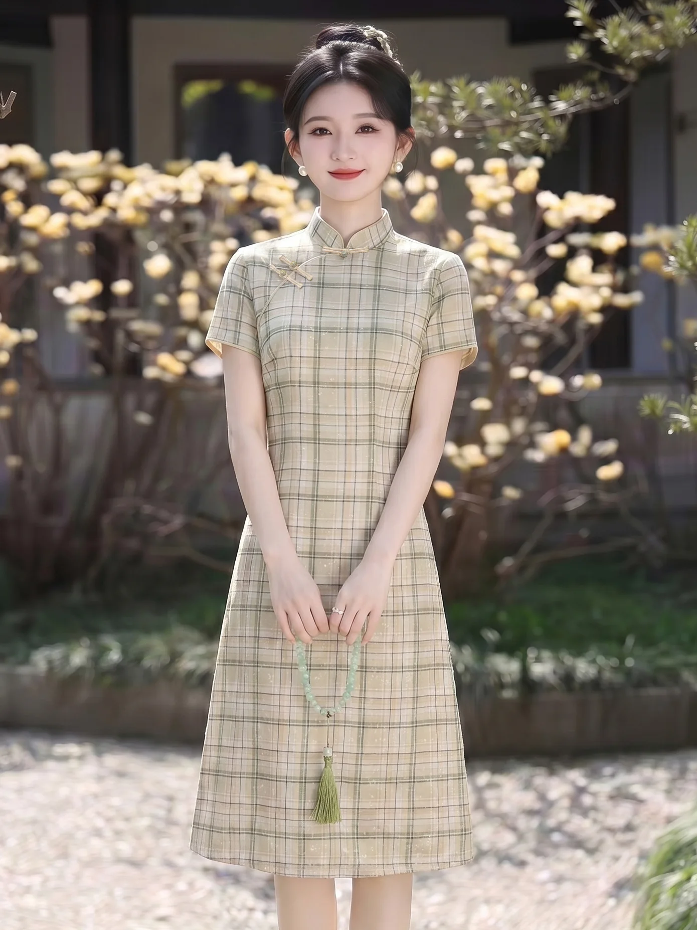 Summer Plaid Printed Cheongsam Dress Short Sleeve A-line Improved Retro Cheongsam Qipao