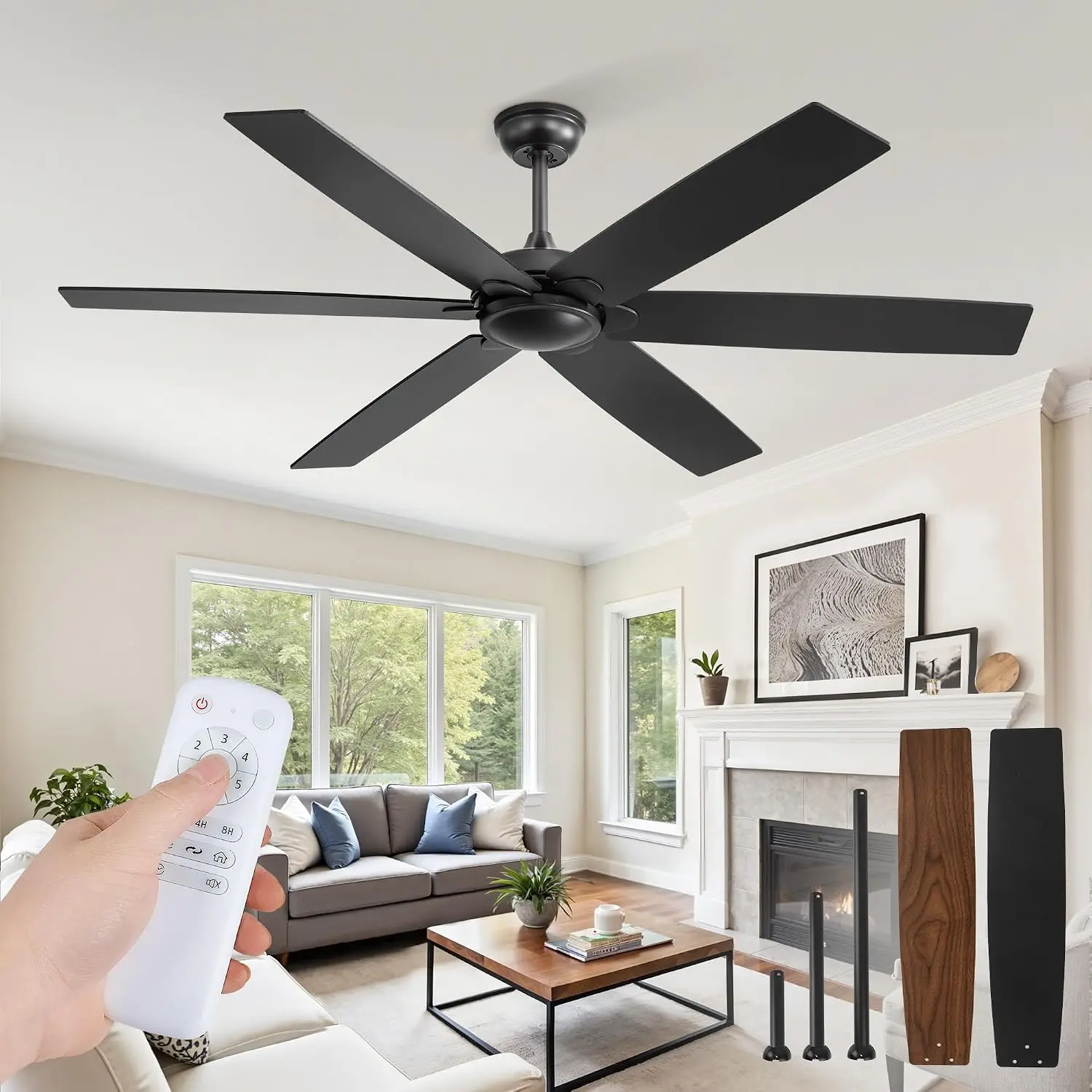 60-Inch Ceiling Fan with Remote, Quiet DC Motor, Reversible, No Light, Flush Mount, Indoor/Outdoor