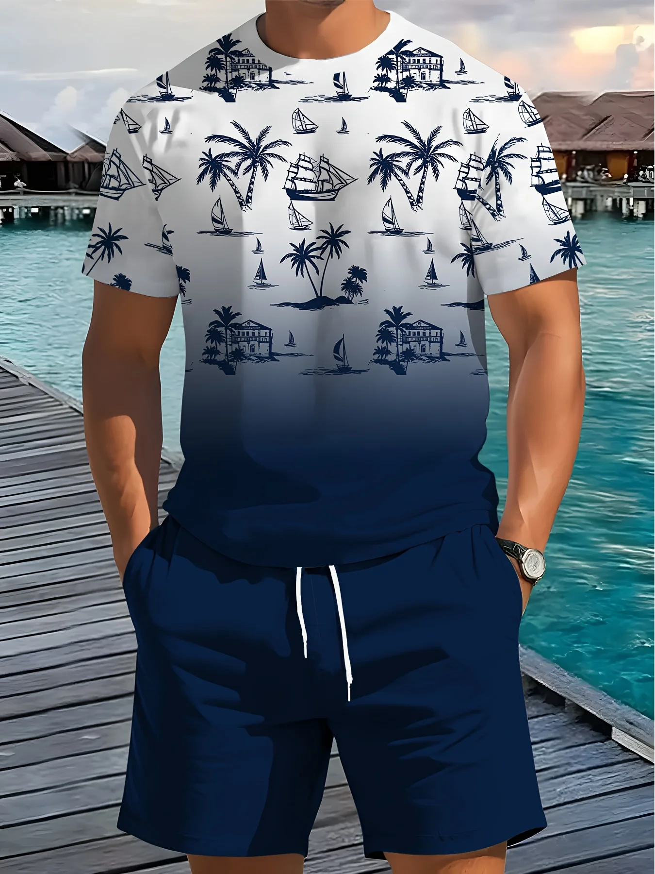 

Summer men's print casual trend T-shirt shorts set breathable quick drying comfortable sports men's suit clothing beach style