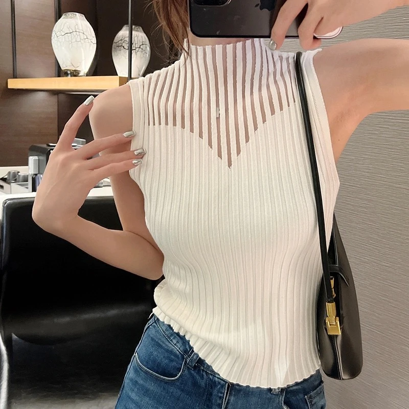 

Hollow Half High Neck Pit Stripe Knit Tank Top Women's Basic Sleeveless Top 2023 Summer New Vintage Ladies Sexy Vest Tank