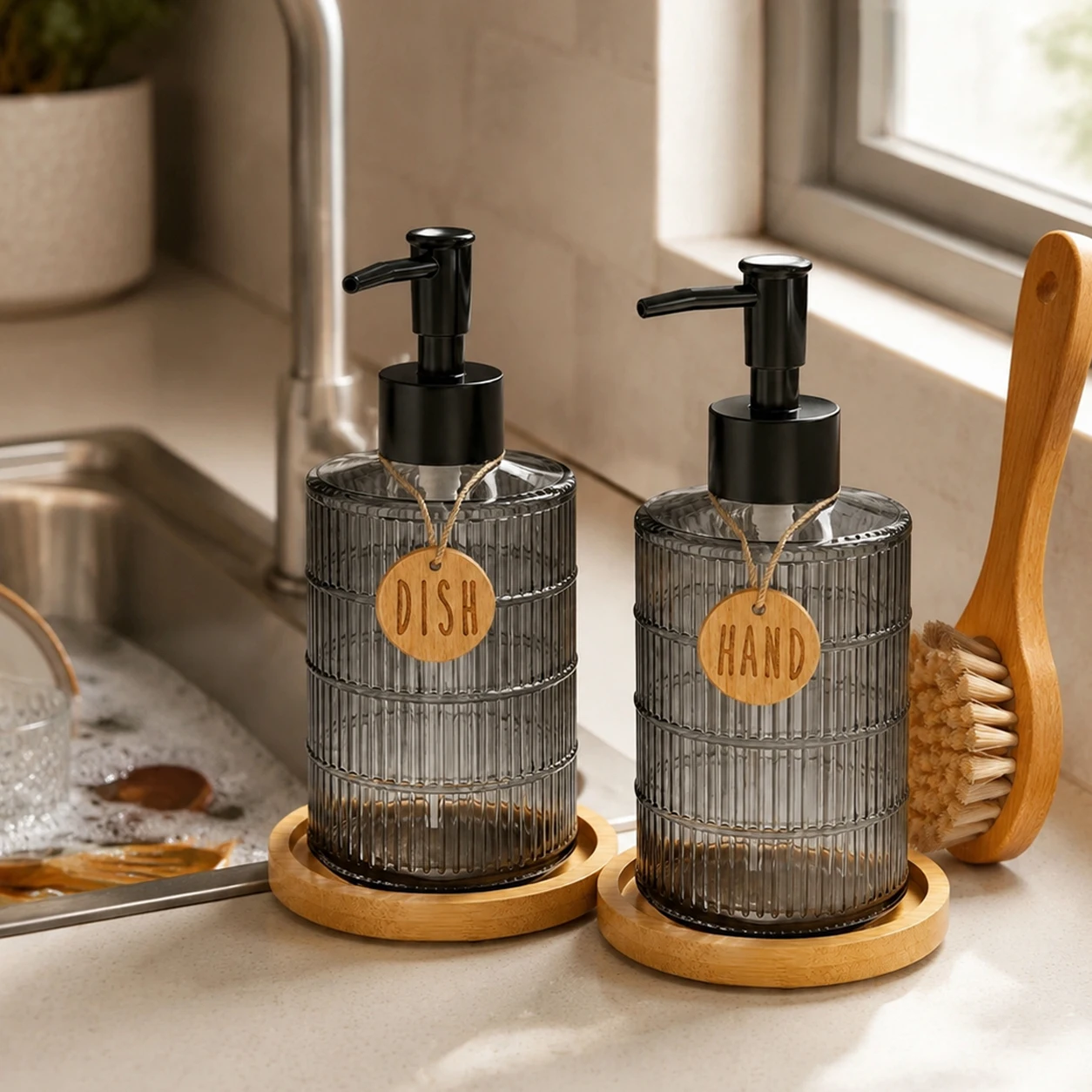 Glass Soap Dispenser Set with Tray, Refillable Hand Soap & Dish Soap Dispenser for Kitchen Sink for Farmhouse Kitchen Decor Gift - view 4