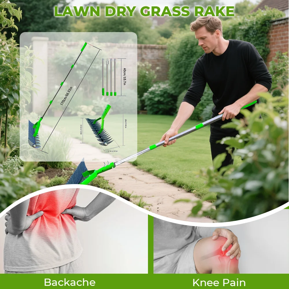Rastrillo de paja para el cuidado del césped, rastrillo desmontable para desmontar, rastrillo de hojas de jardín, cultivador de suelo, herramienta aireadora de césped con mango ajustable