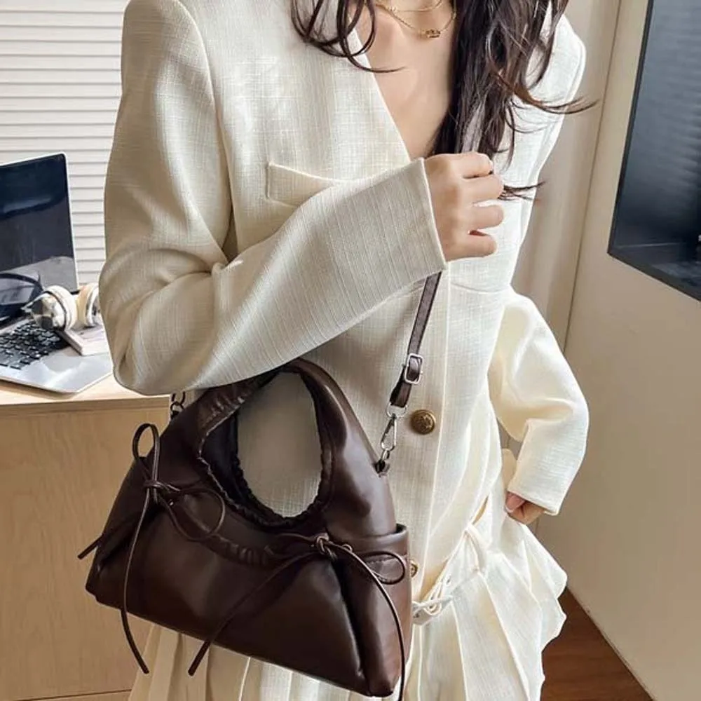 

Adjustable Straps Bownot Hobo Bag Polyester Sweet Bow Decor Handbag Large Capacity Anti-splash Water Leather Shoulder Pouch